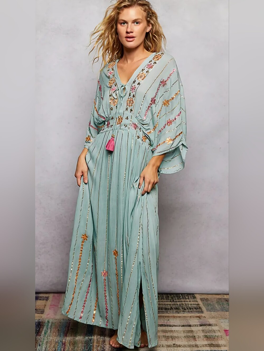 POL Pale Aqua Embroidered Maxi Dress with Pink Tassel